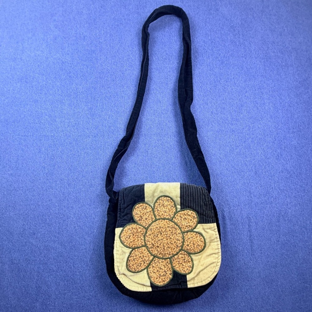 Cotton Corduroy Flower Applique Crossbody Bag Black Tan Boho Small